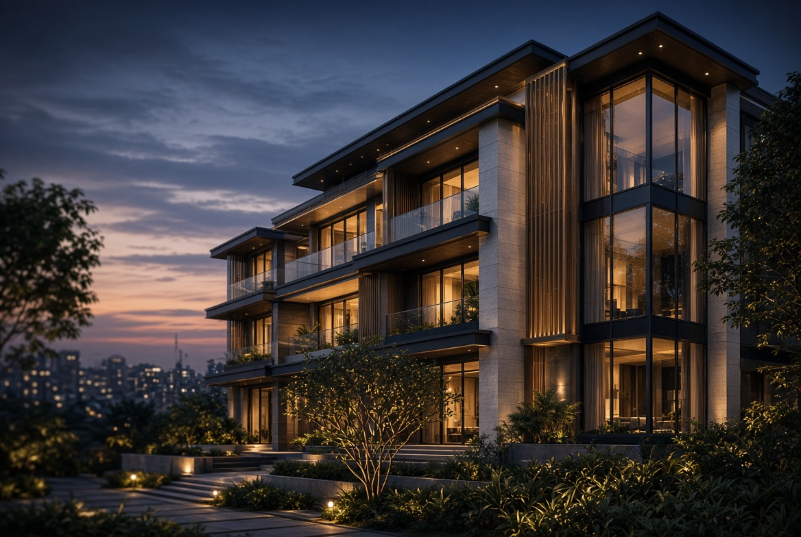 Build Studio residential project exterior at dusk, Dhaka