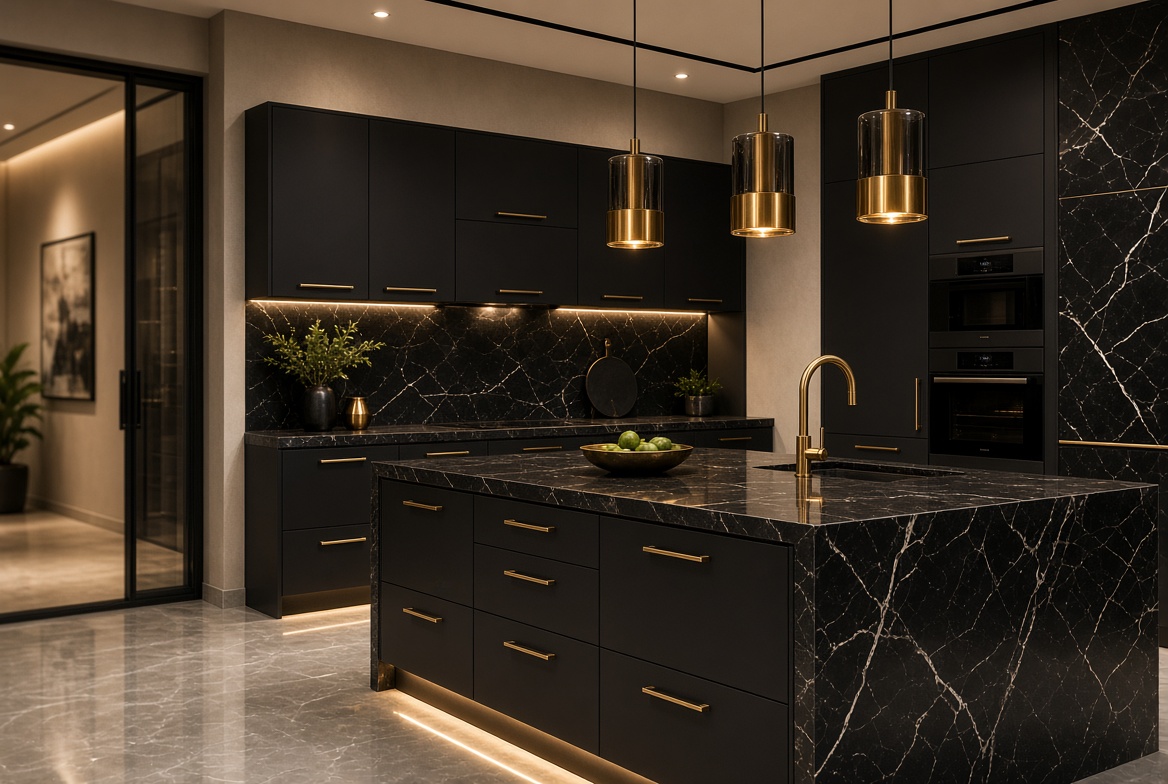 Custom black marble kitchen cabinetry