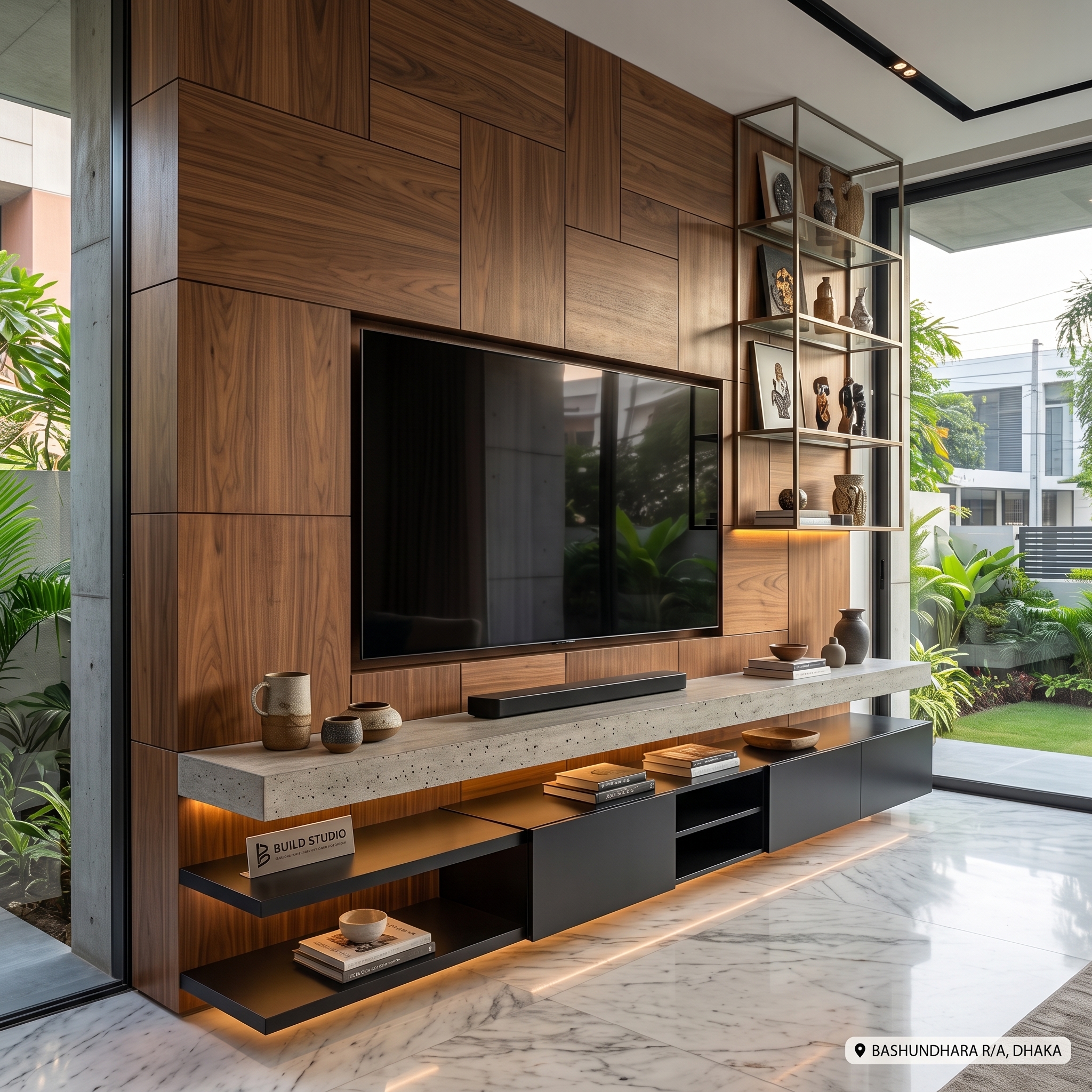 Living room with custom TV unit and staircase